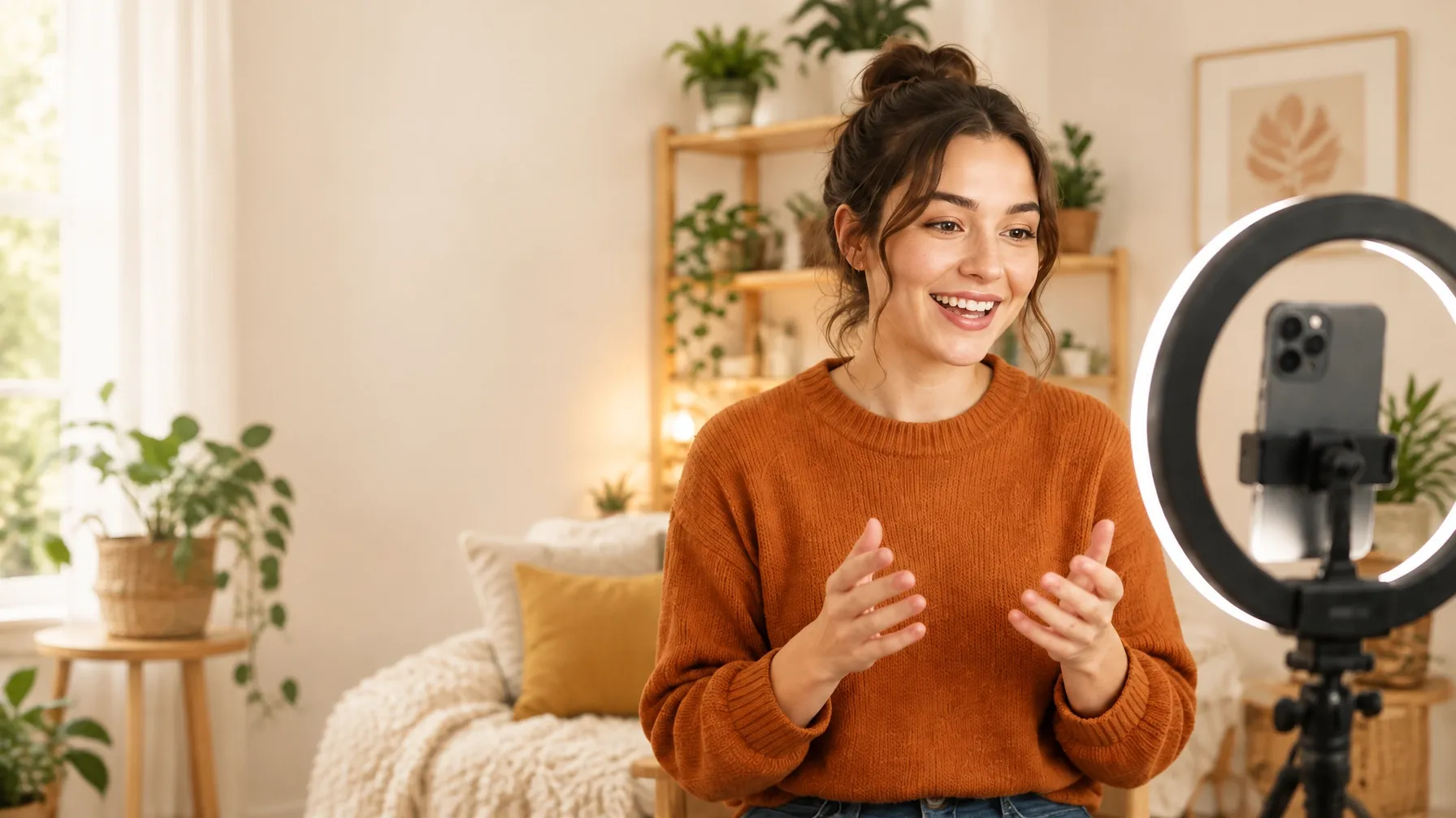 A creator filming a short video at home with a phone and ring light